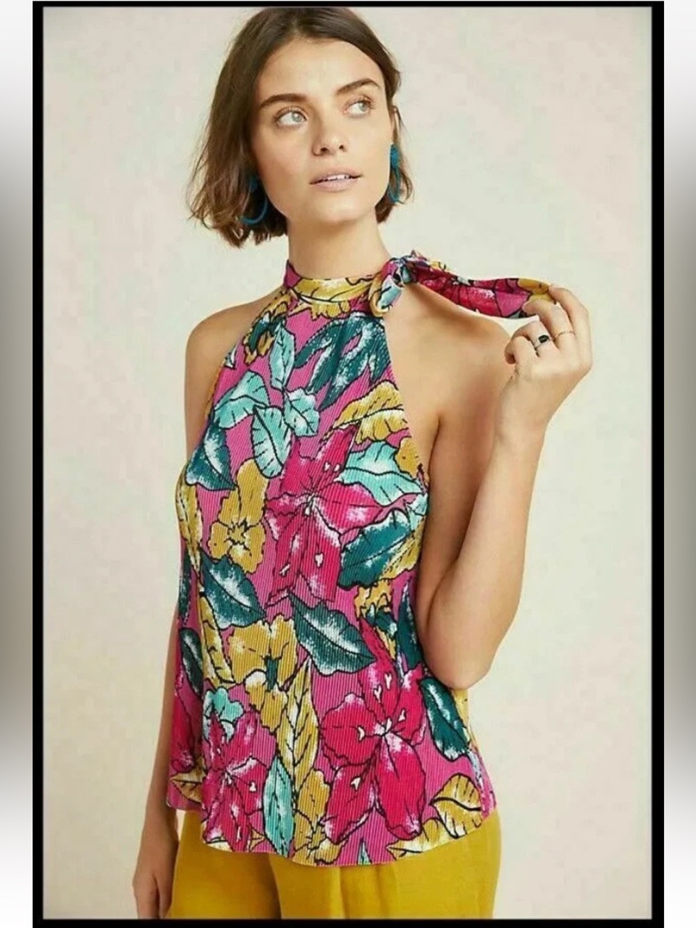 Maeve Anthropologie Maeve Glocester Pleated Floral Tie Neck Blouse large